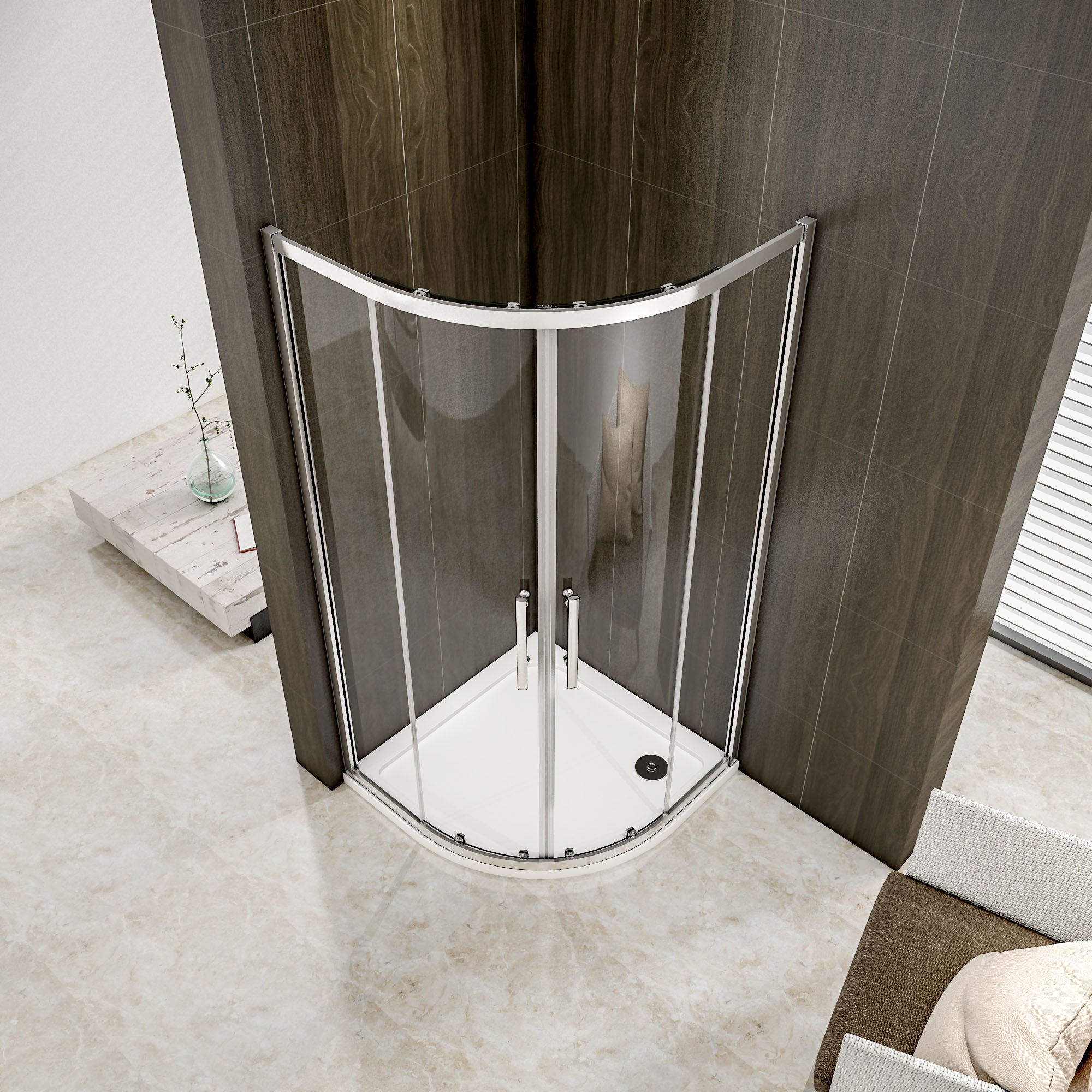 kwartronde douchecabine dubbele schuifdeur, hoek-instap douchecabine, 6mm helder veiligheidsglas