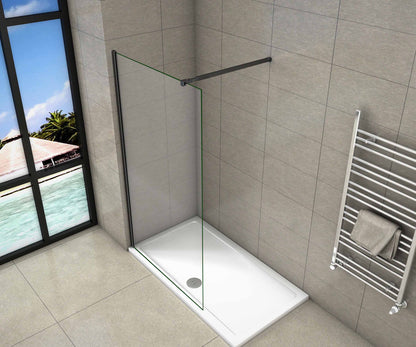 Inloopdouche 200cm hoog, 10mm helder glas anti-kalk incl zwart profiel & stang 73-120cm