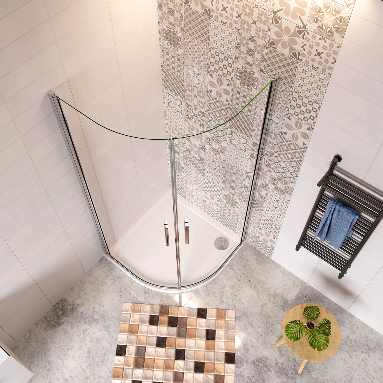 Douchecabine kwartrondmet twee draaideuren, 195cm hoog ,6mm veiligheidsglas, inclusief dochebak