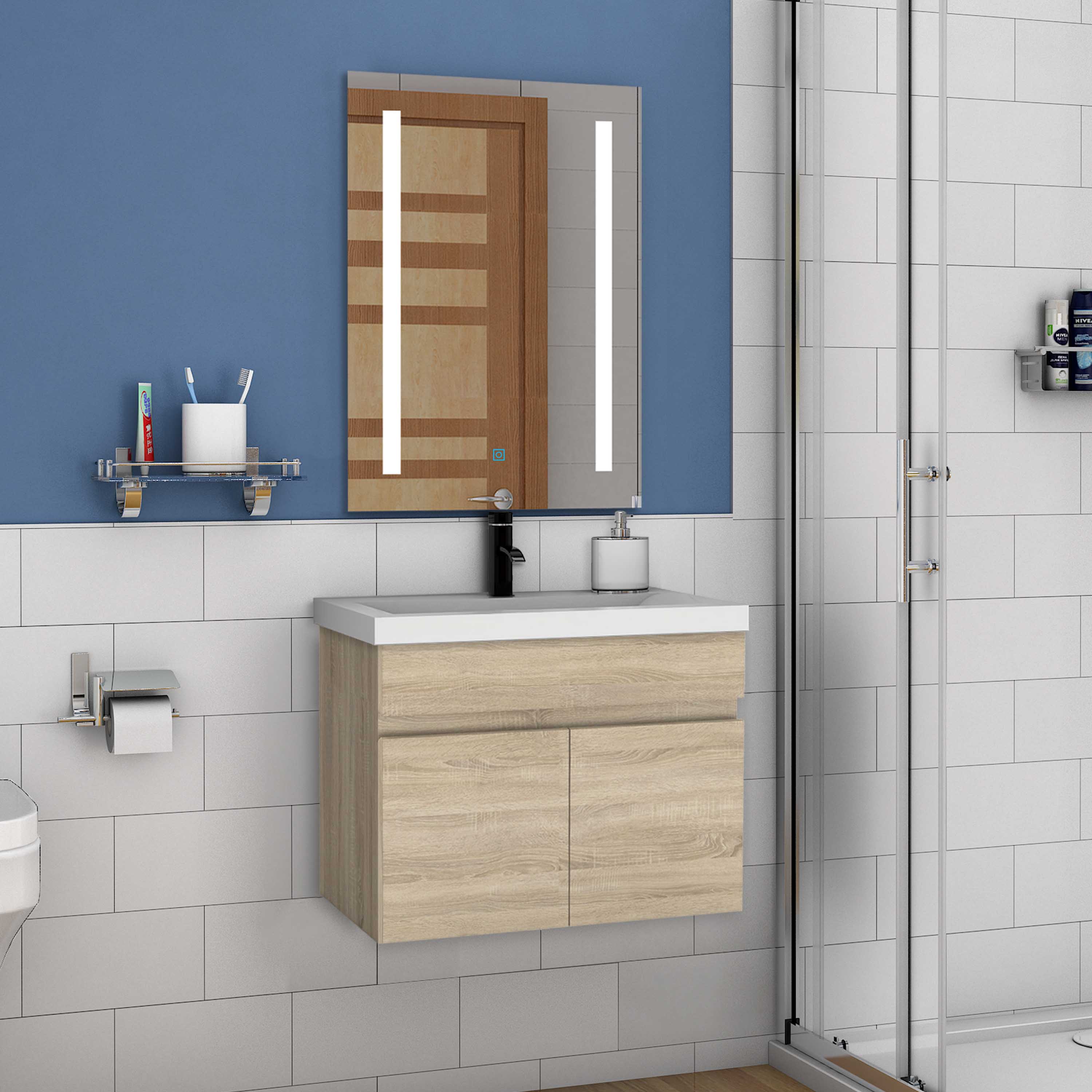 Wastafelonderbouw met onderkast 60 cm Badkamermeubels met keramische wastafel,gastentoilet,eik mat