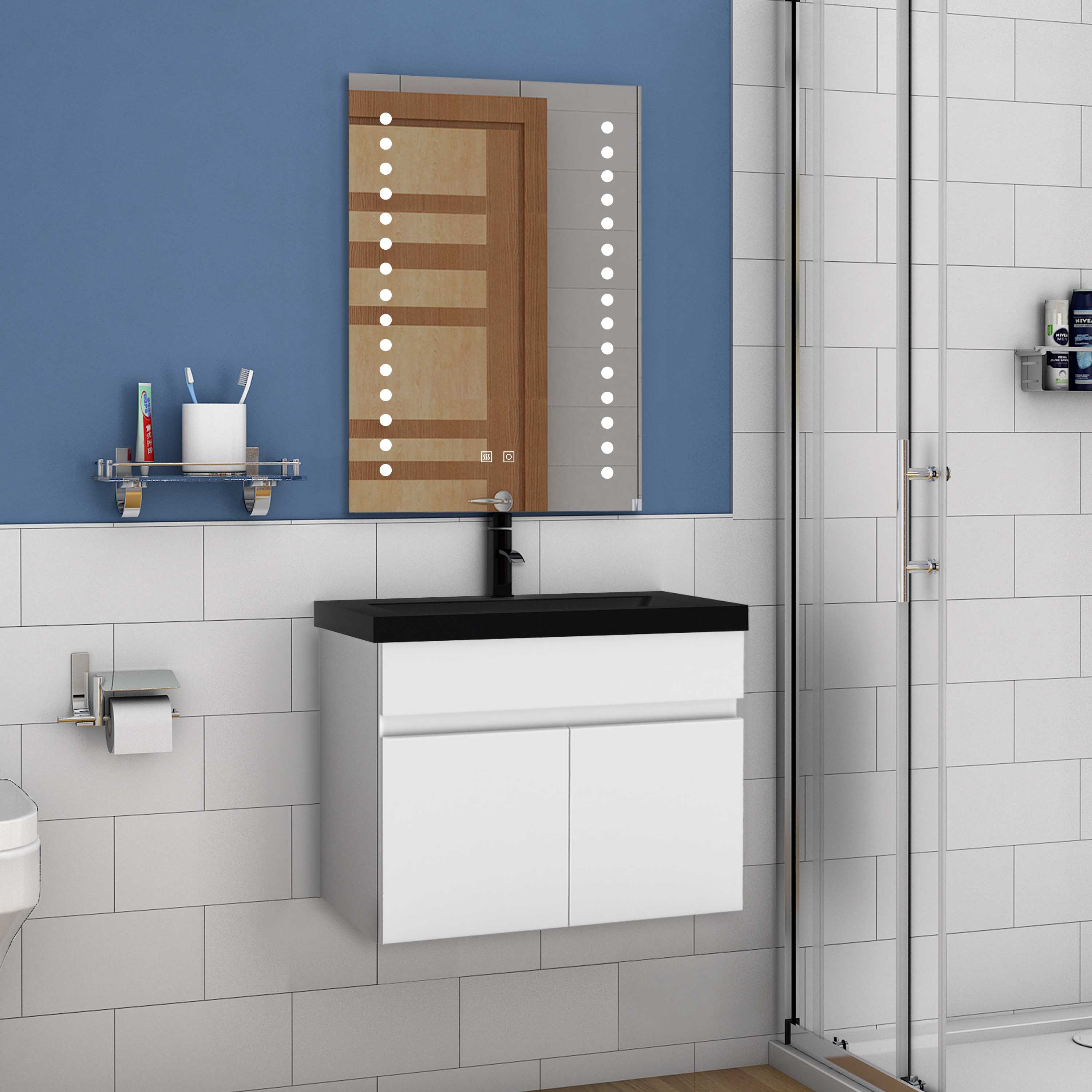 Wastafelonderbouw met onderkast 60 cm Badkamermeubels met keramische wastafel, gastentoilet,mat wit