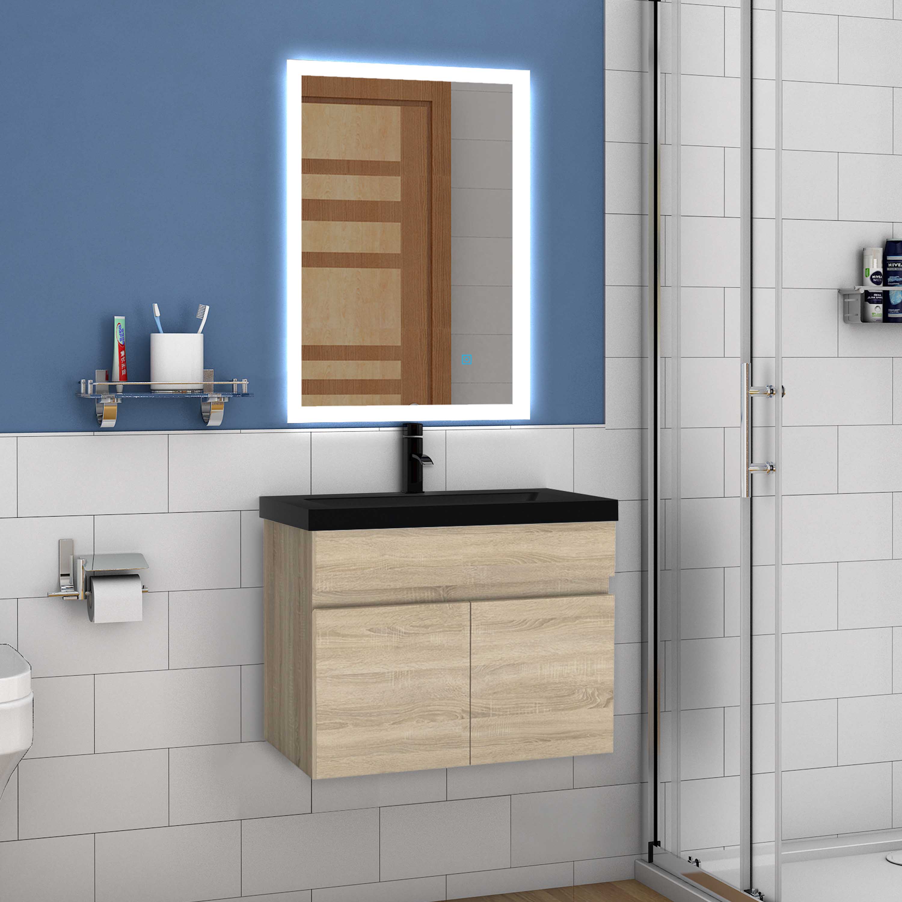 Wastafelonderbouw met onderkast 60 cm Badkamermeubels met keramische wastafel,gastentoilet,eik mat