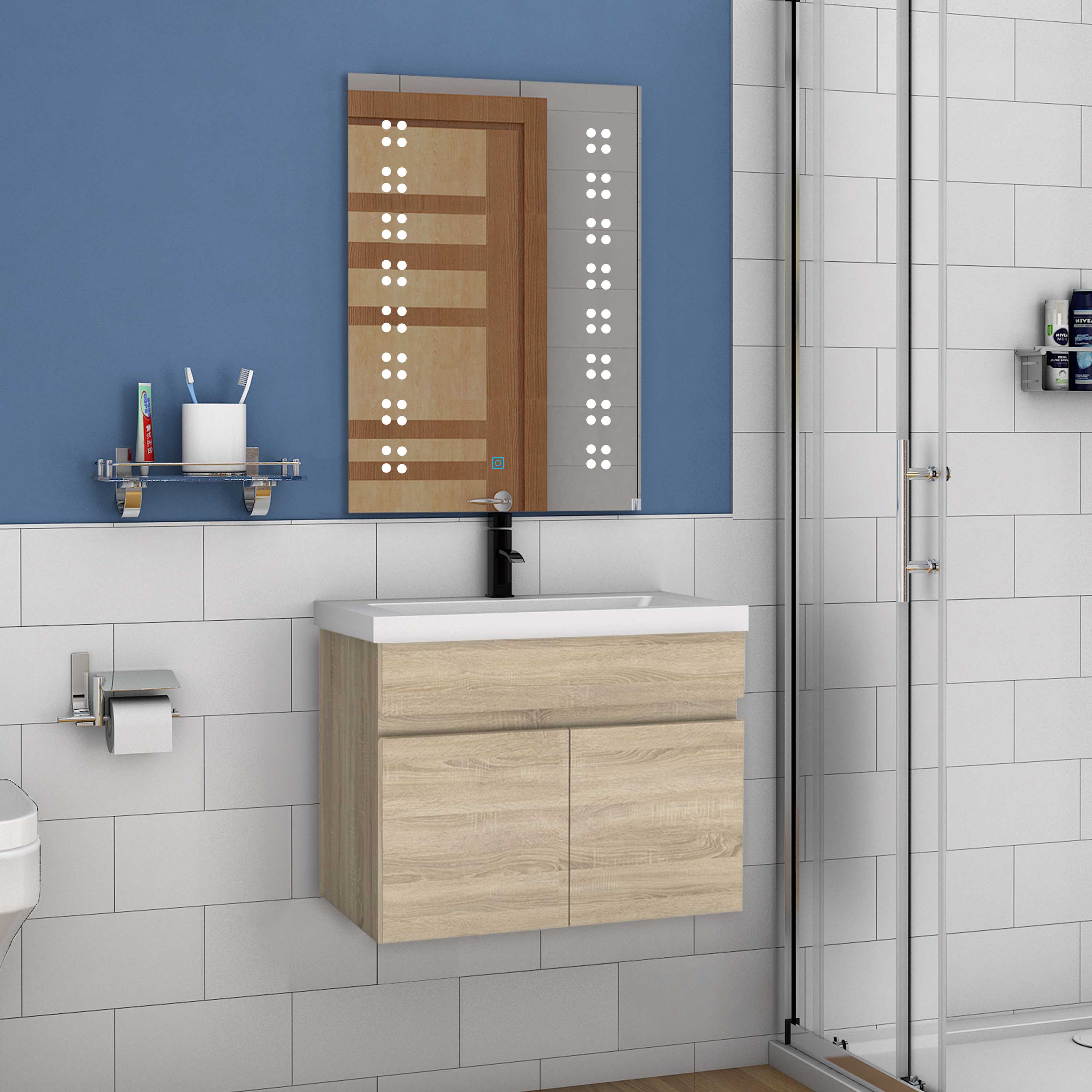 Wastafelonderbouw met onderkast 60 cm Badkamermeubels met keramische wastafel,gastentoilet,eik mat