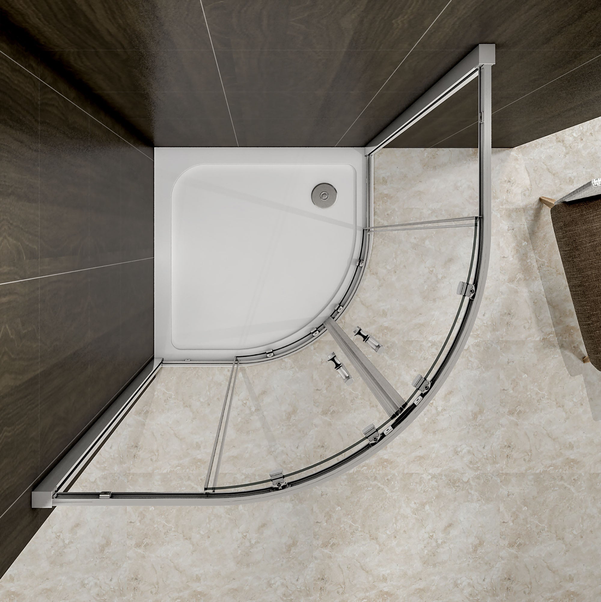 kwartronde douchecabine dubbele schuifdeur, hoek-instap douchecabine, 6mm helder veiligheidsglas