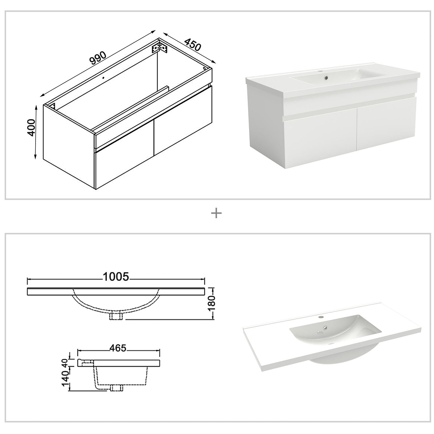 Badkamermeubelset 100 cm badmeubel met onderkast wit mat/antraciet mat/eik mat wit mat