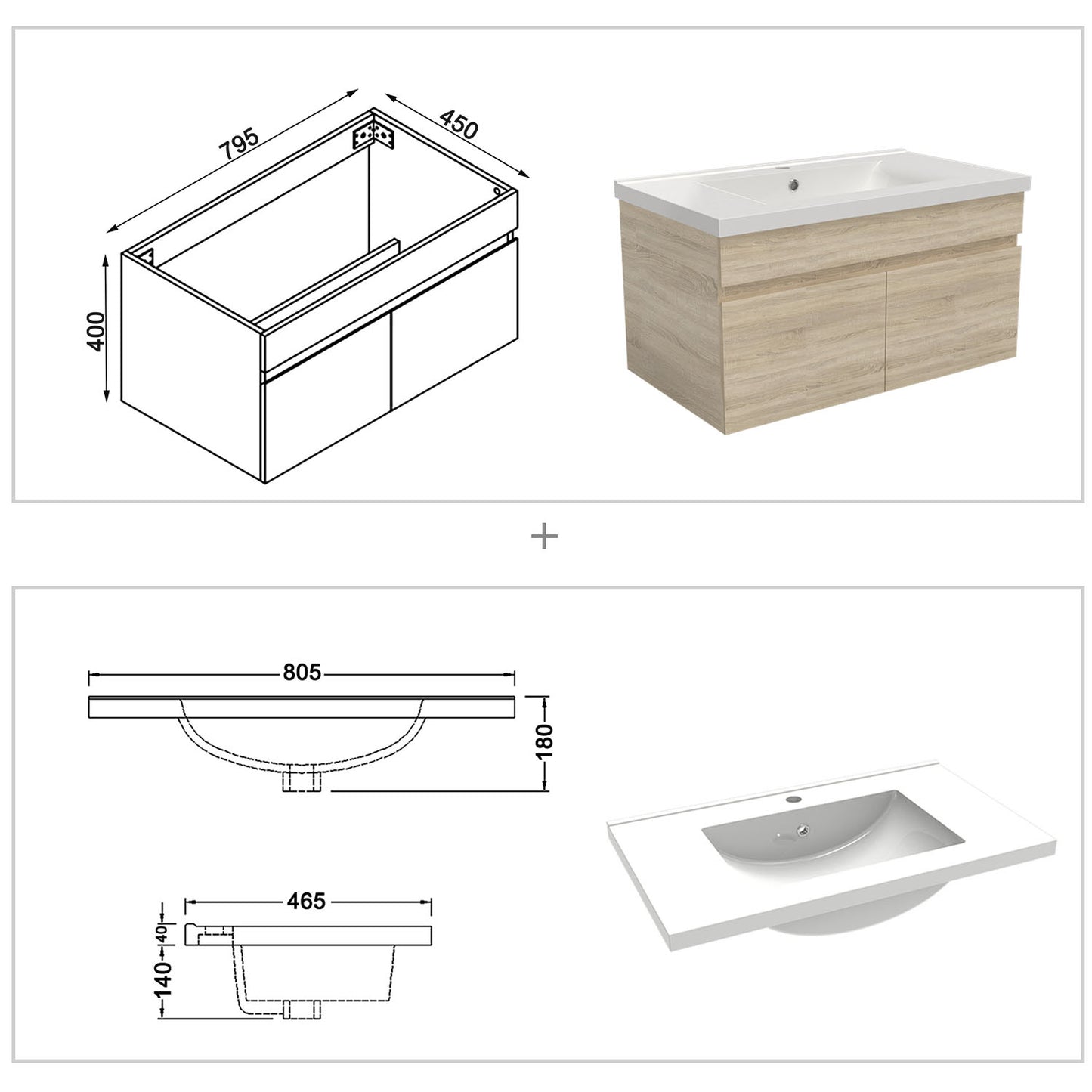 Badkamermeubelset 80 cm badmeubel met onderkast wit mat/antraciet mat/eik mat eik mat