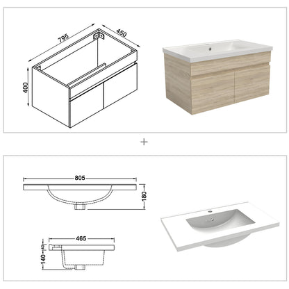 Badkamermeubelset 80 cm badmeubel met onderkast wit mat/antraciet mat/eik mat eik mat