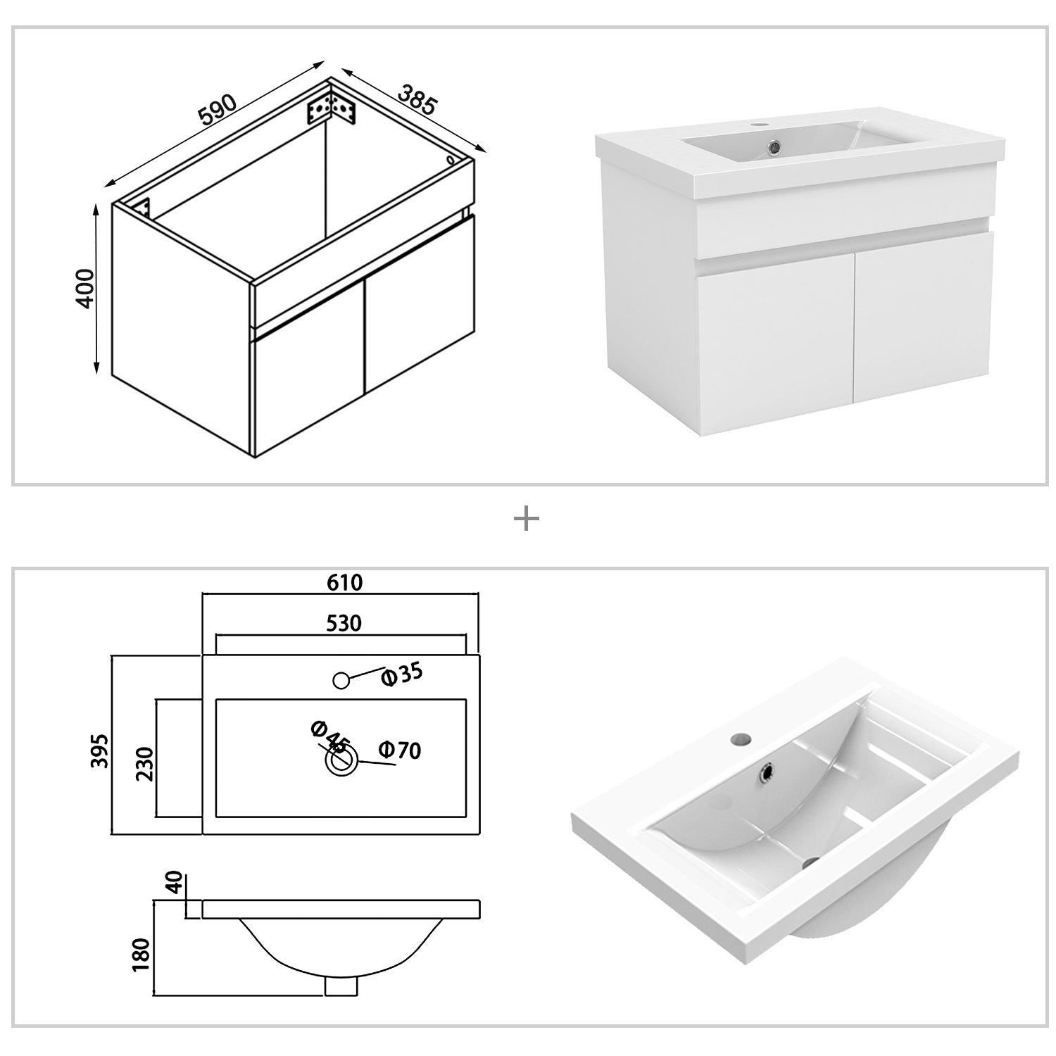 Wastafelonderbouw met onderkast 60 cm Badkamermeubels met keramische wastafel, gastentoilet,mat wit Dik keramiek