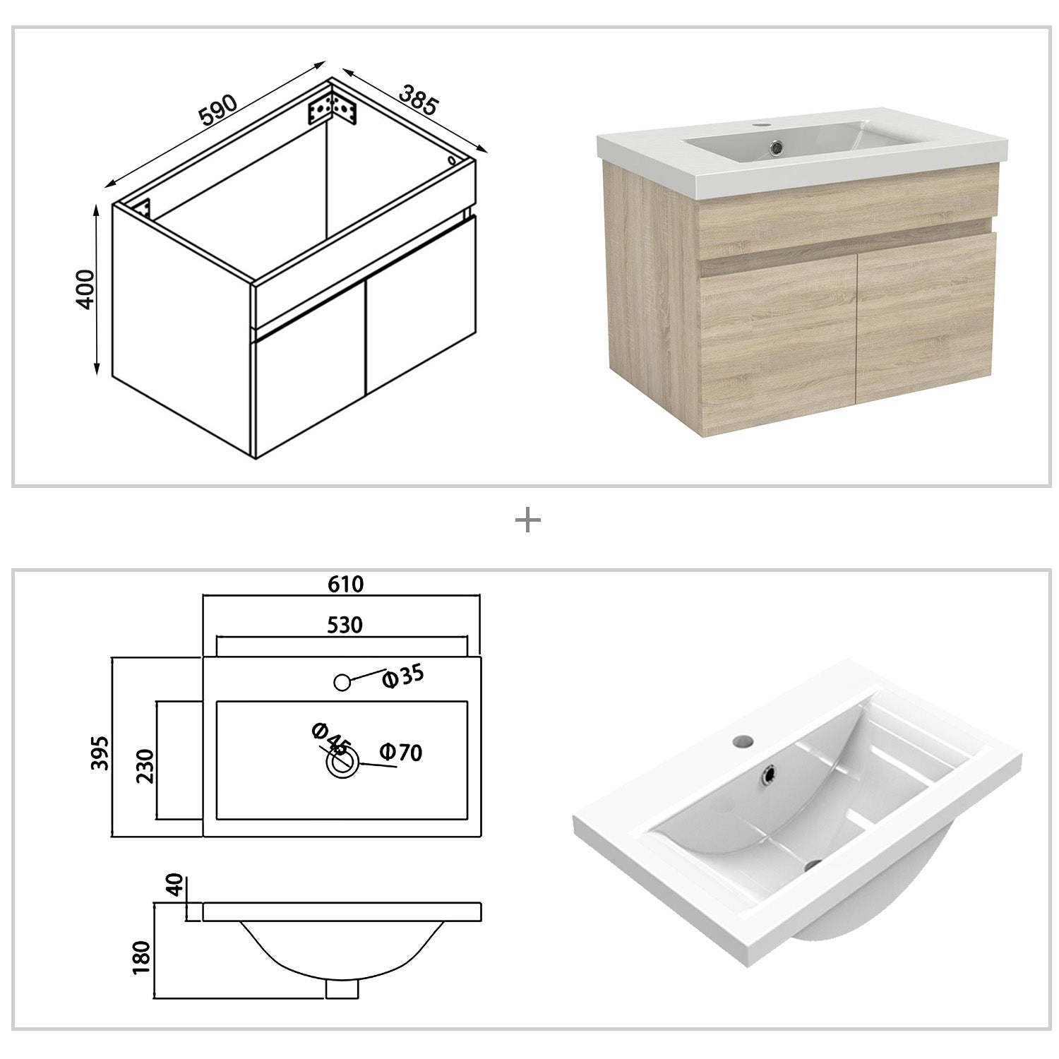 Wastafelonderbouw met onderkast 60 cm Badkamermeubels met keramische wastafel,gastentoilet,eik mat Dik keramiek