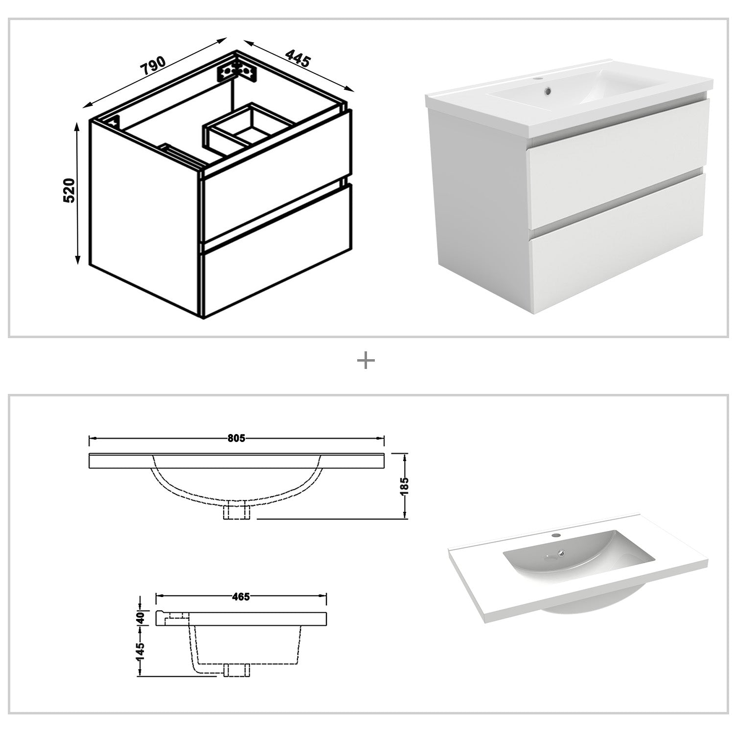 Wastafelonderbouw met onderkast 80 cm, Badkamer badmeubel met onderkast,wit mat/antraciet mat/eik mat wit mat