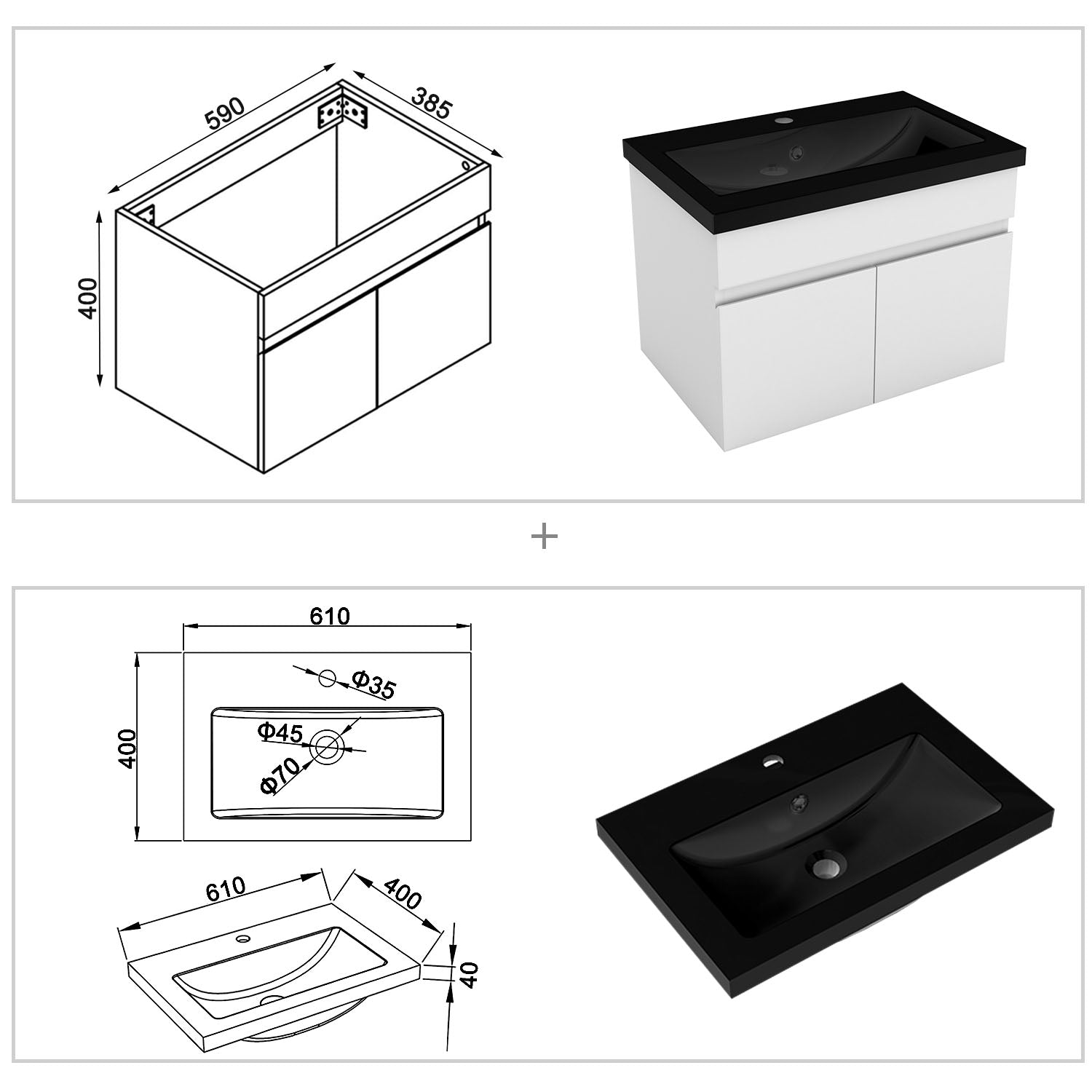 Wastafelonderbouw met onderkast 60 cm Badkamermeubels met keramische wastafel, gastentoilet,mat wit Zwart kunstmarmer
