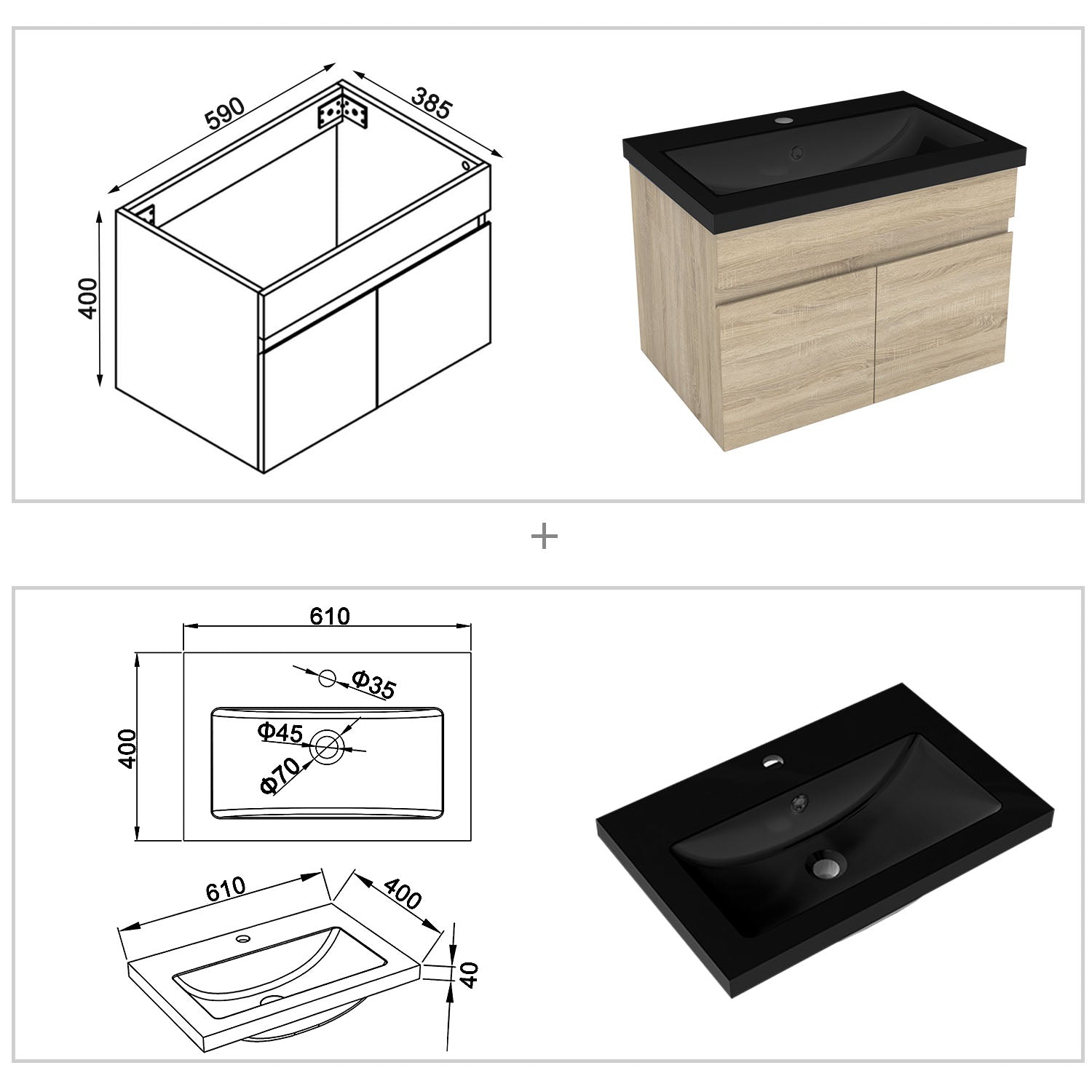 Wastafelonderbouw met onderkast 60 cm Badkamermeubels met keramische wastafel,gastentoilet,eik mat Zwart kunstmarmer