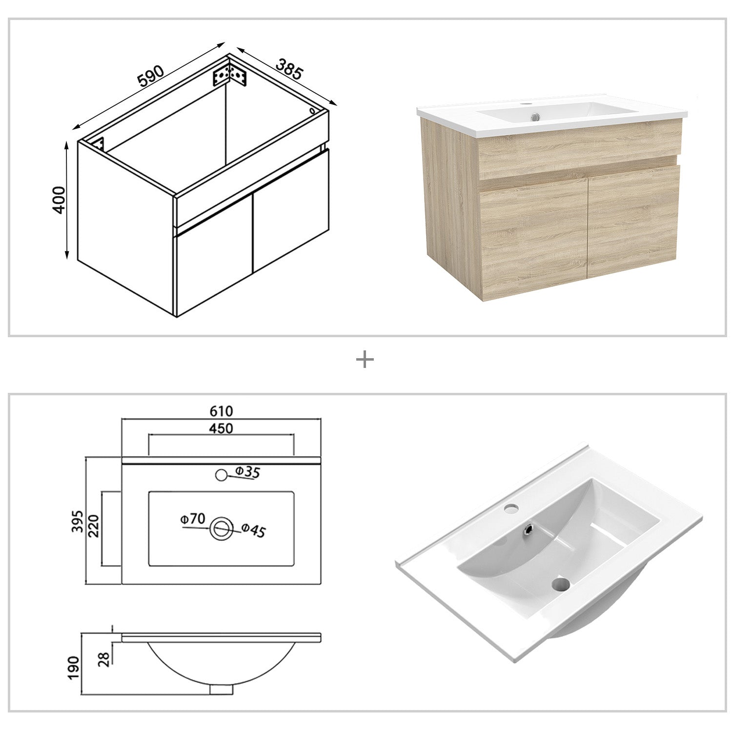 Wastafelonderbouw met onderkast 60 cm Badkamermeubels met keramische wastafel,gastentoilet,eik mat Dun keramiek