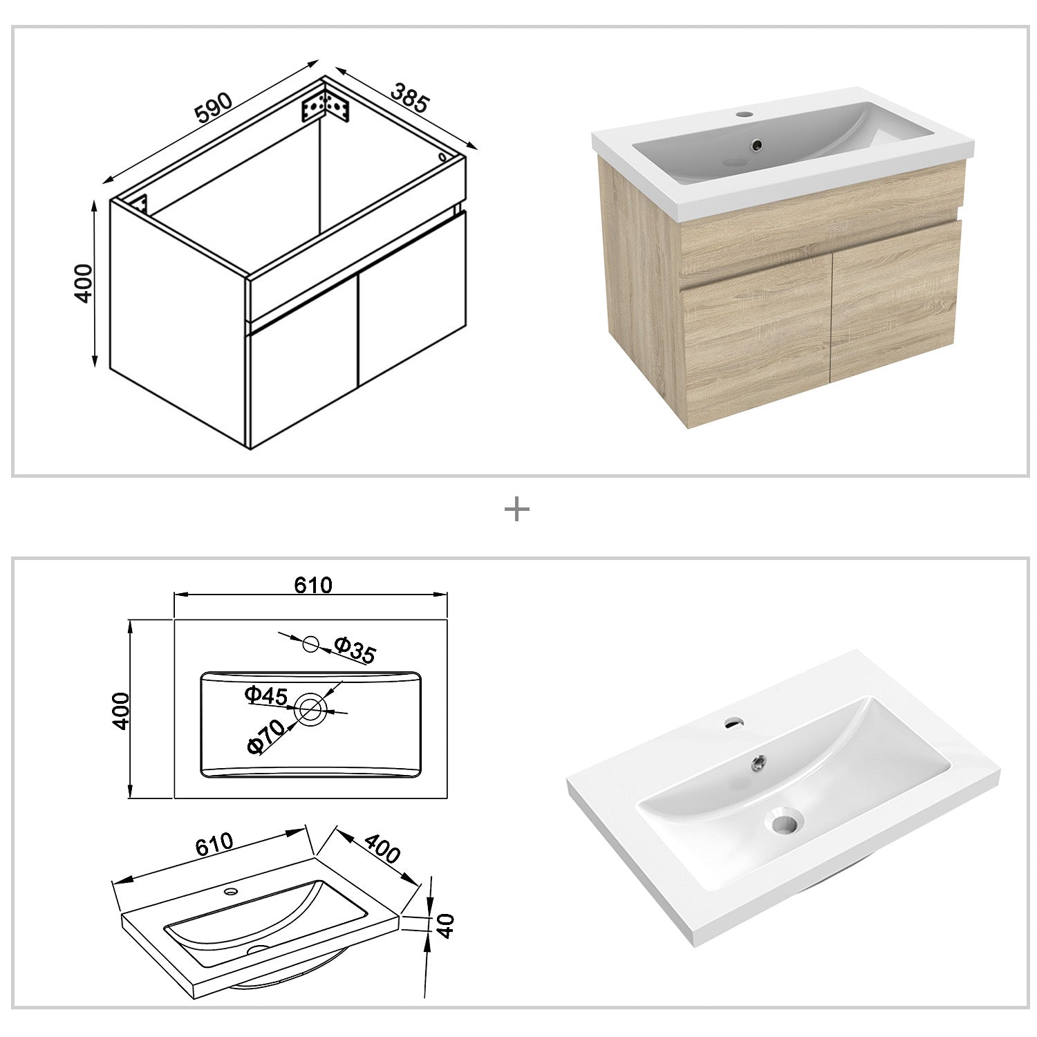 Wastafelonderbouw met onderkast 60 cm Badkamermeubels met keramische wastafel,gastentoilet,eik mat Wit kunstmarmer