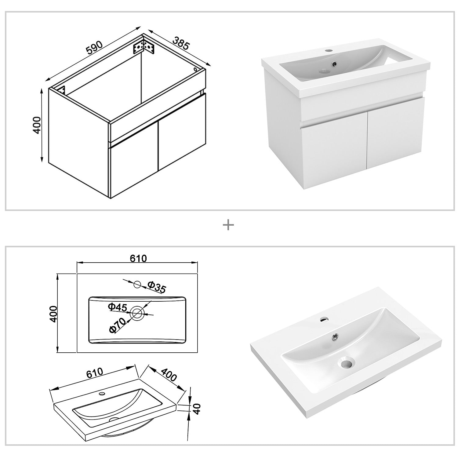 Wastafelonderbouw met onderkast 60 cm Badkamermeubels met keramische wastafel, gastentoilet,mat wit Wit kunstmarmer