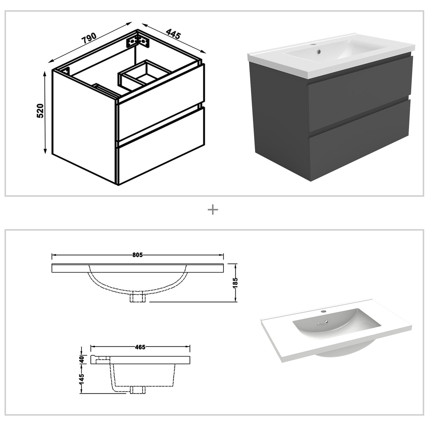 Wastafelonderbouw met onderkast 80 cm, Badkamer badmeubel met onderkast,wit mat/antraciet mat/eik mat antraciet mat