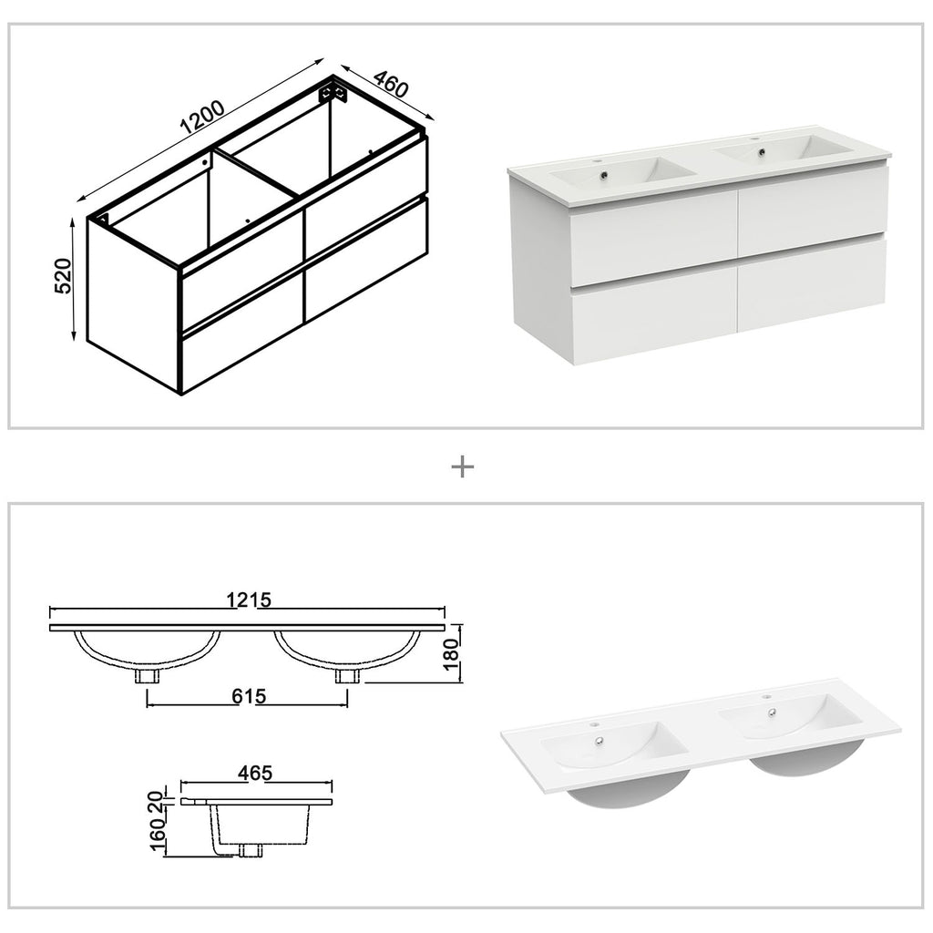 Badkamermeubel set 120 cm ,badmeubel met onderkast wit mat/antraciet mat/eik mat wit mat
