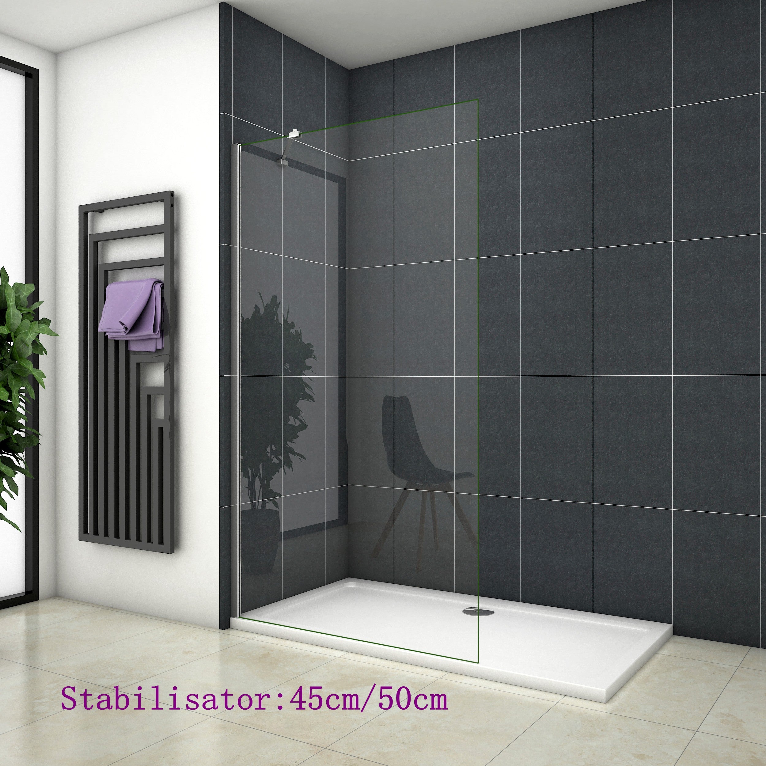 vrijstaande inloopdouche,8mm helder veiligdheidsglas nano easyclean antikalk 90x200cm Stabilisator:50cm