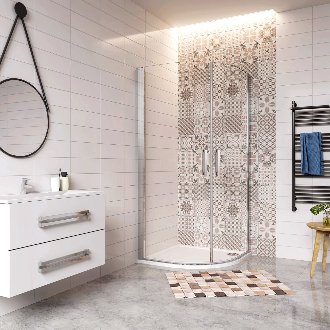Douchecabine kwartrondmet twee draaideuren, 195cm hoog ,6mm veiligheidsglas, inclusief dochebak Inclusief