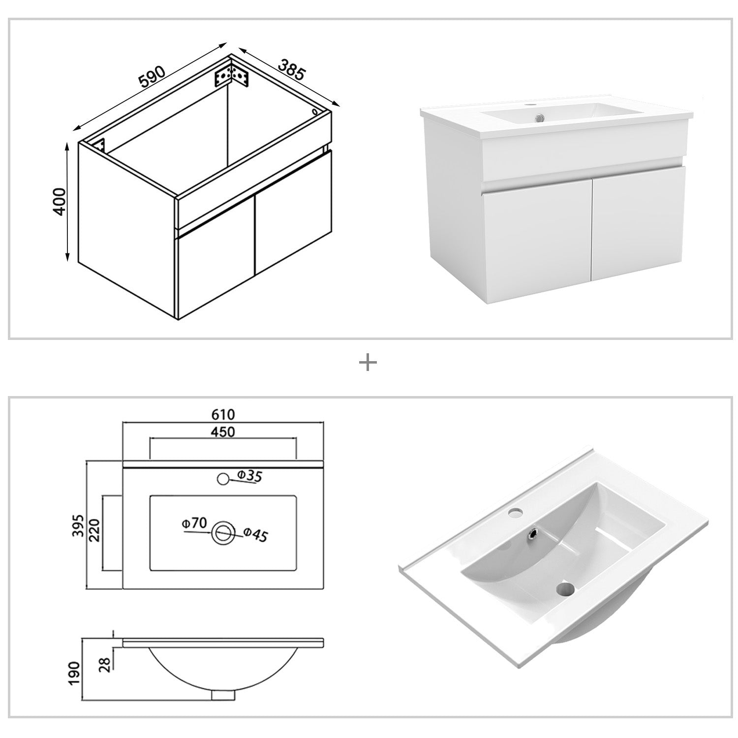 Wastafelonderbouw met onderkast 60 cm Badkamermeubels met keramische wastafel, gastentoilet,mat wit Dun keramiek