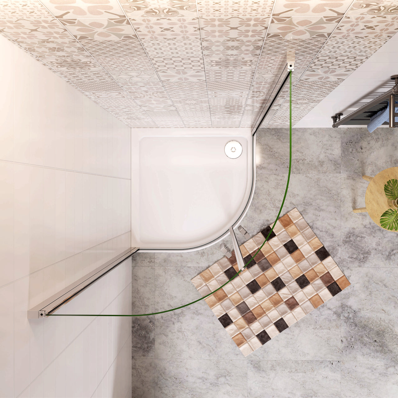 Douchecabine kwartrondmet twee draaideuren, 195cm hoog ,6mm veiligheidsglas, inclusief dochebak