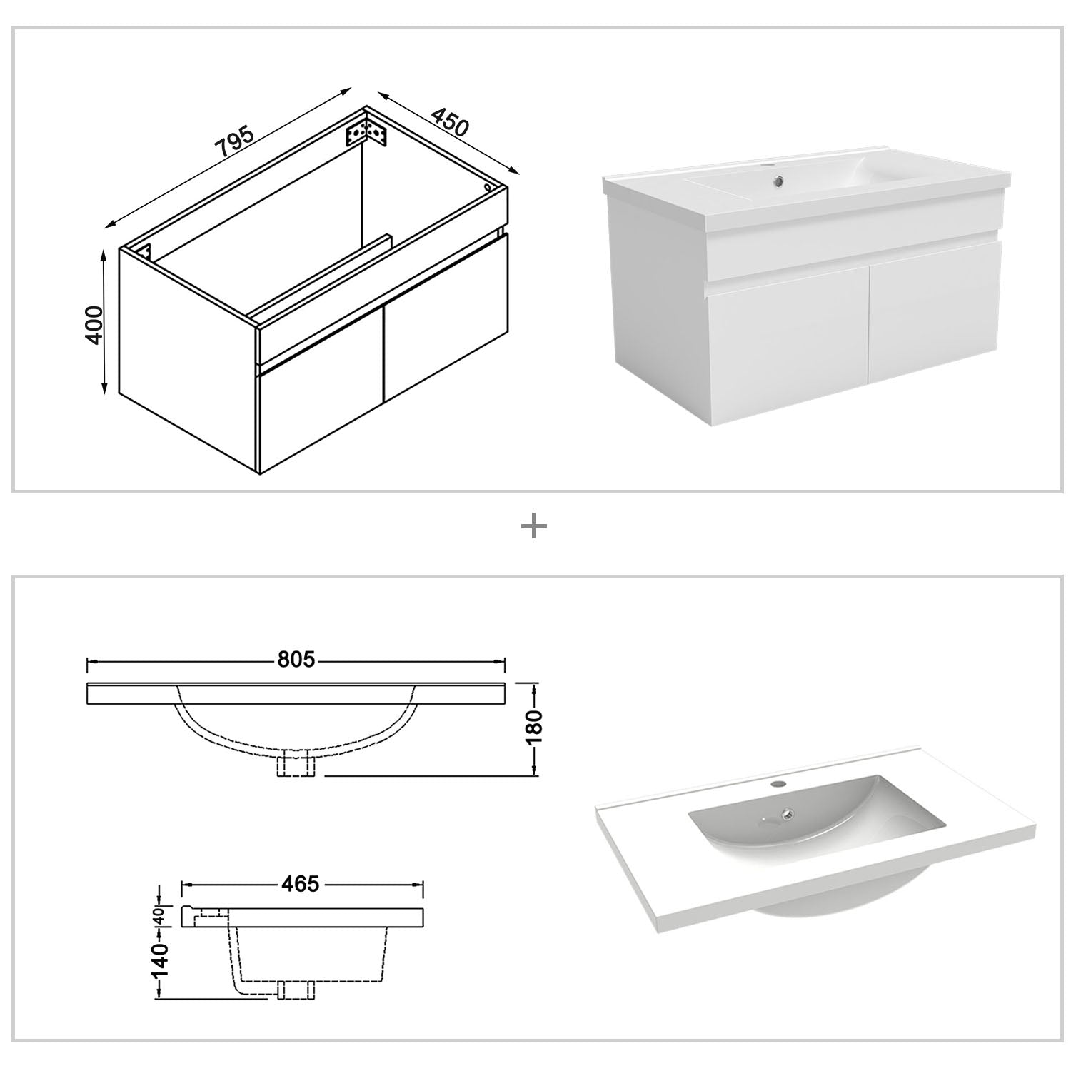 Badkamermeubelset 80 cm badmeubel met onderkast wit mat/antraciet mat/eik mat wit mat