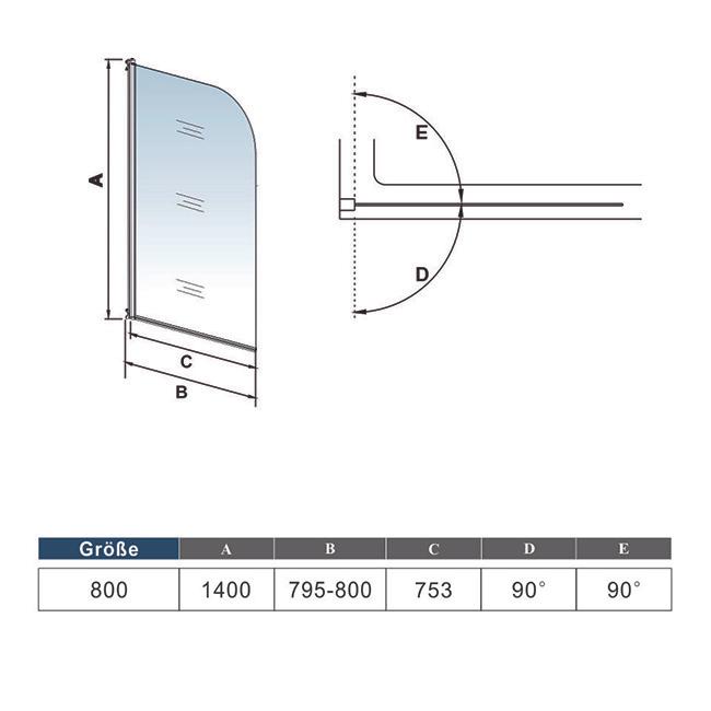 Badscherm draaibaar 80x140cm, 5mm helder veiligheidsglas