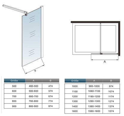 Inloopdouche met mat Zwart kader en raster,200cm hoog, 8 mm NANO EasyClean veiligheidsglas,inclusief stabilisatiestang