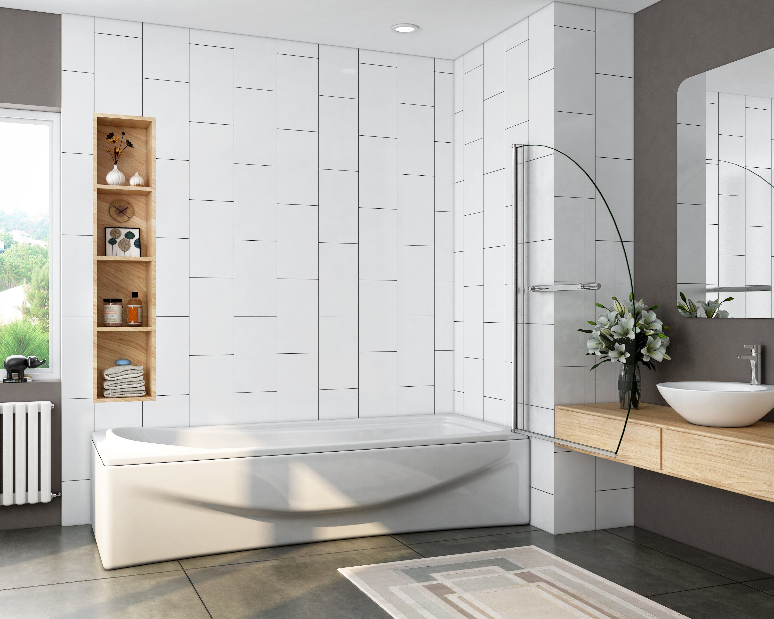 Kwartrond draaibaar pendel badwand 100x140cm, 180 graden draaibaar, 8 mm helder gehard veiligheids glas easyclean, 40 cm handdoekstang