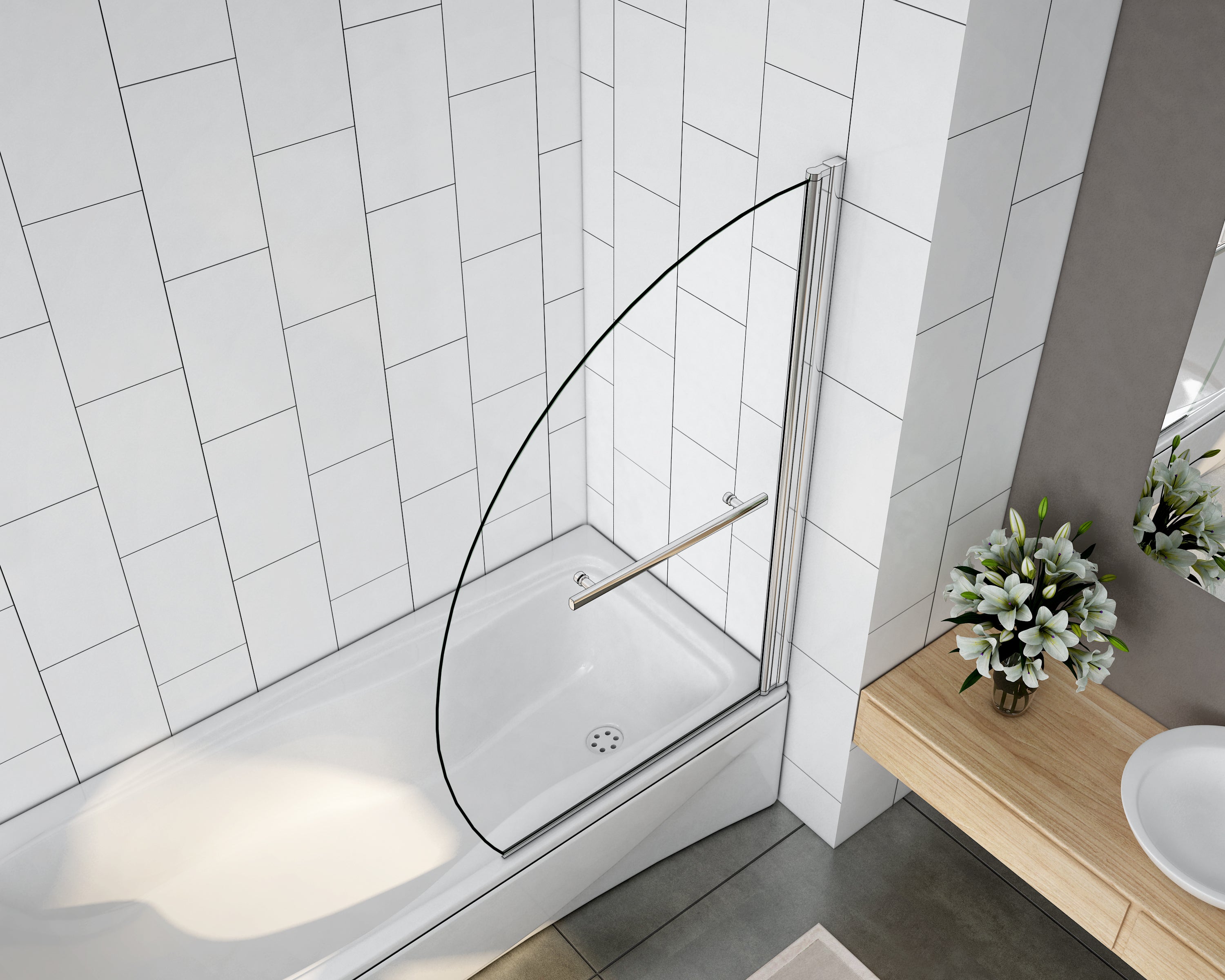 Kwartrond draaibaar pendel badwand 100x140cm, 180 graden draaibaar, 8 mm helder gehard veiligheids glas easyclean, 40 cm handdoekstang