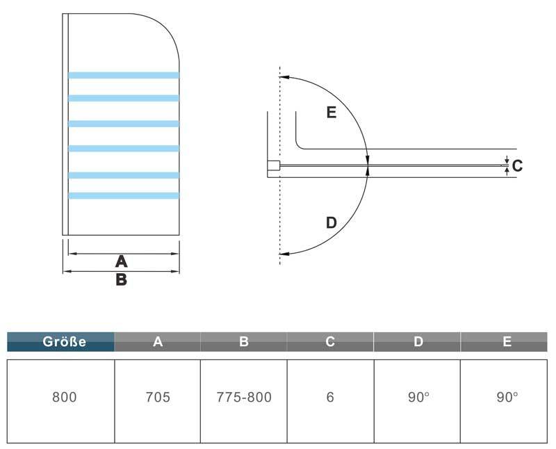 80x140cm 180¡ã draaibare badwand, 6mm NANO veiligheidsglas met gesatineerde stroken, chroom, Links