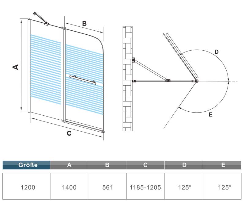 2-delige 180¡ã draaibare badwand, 6mm NANO veiligheidsglas gesatineerde stroken, links versie