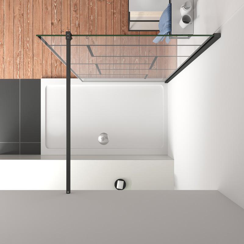 Inloopdouche 200cm hoog, 8 mm NANO EasyClean veiligheidsglas , met zwart decor,stabilisatiestang 90/140cm