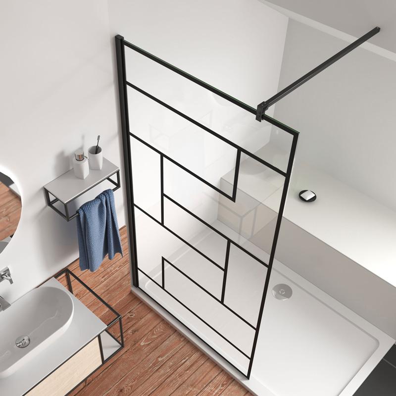Inloopdouche 200cm hoog, 8 mm NANO EasyClean veiligheidsglas , met zwart decor,stabilisatiestang 90/140cm