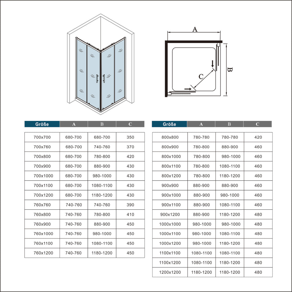 Douchecabine met 2 schuifdeuren, 5 mm dik veiligheidsglas, electro-coating wit profiel, 185 cm hoog