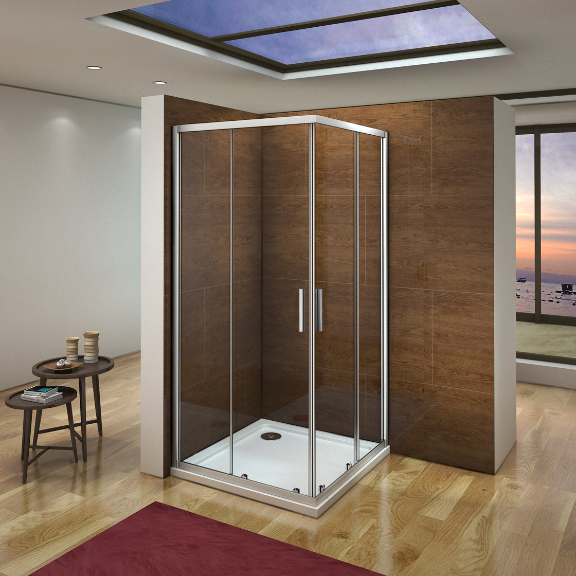 Douchecabine met 2 schuifdeuren, 5 mm dik veiligheidsglas, electro-coating wit profiel, 185 cm hoog