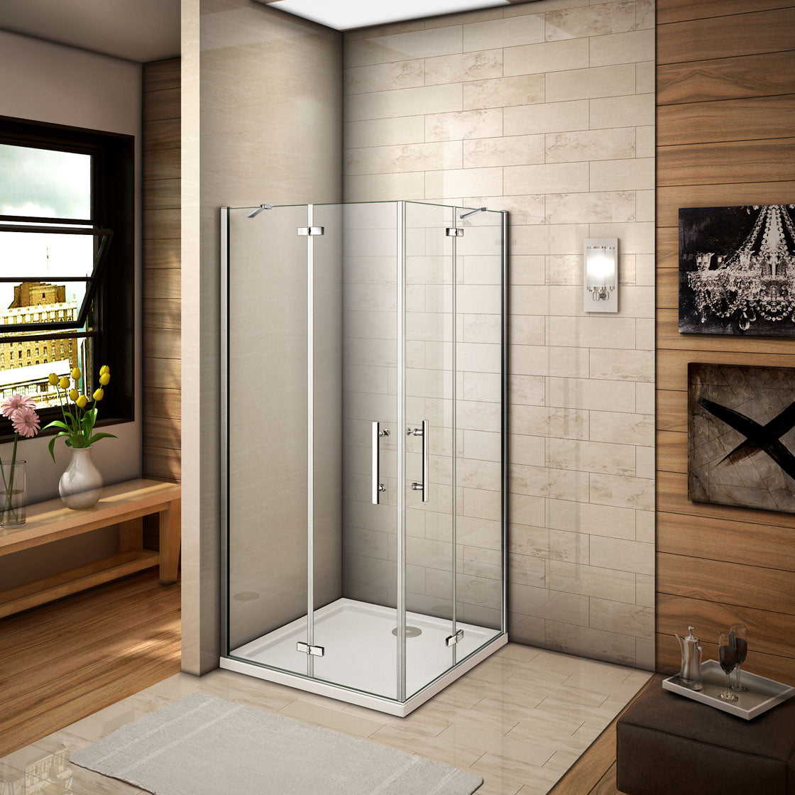 Hoek-instap draaideur douchecabine,6mm helder nano veiligheidsglas easyclean antikalk,hoogte 185cm