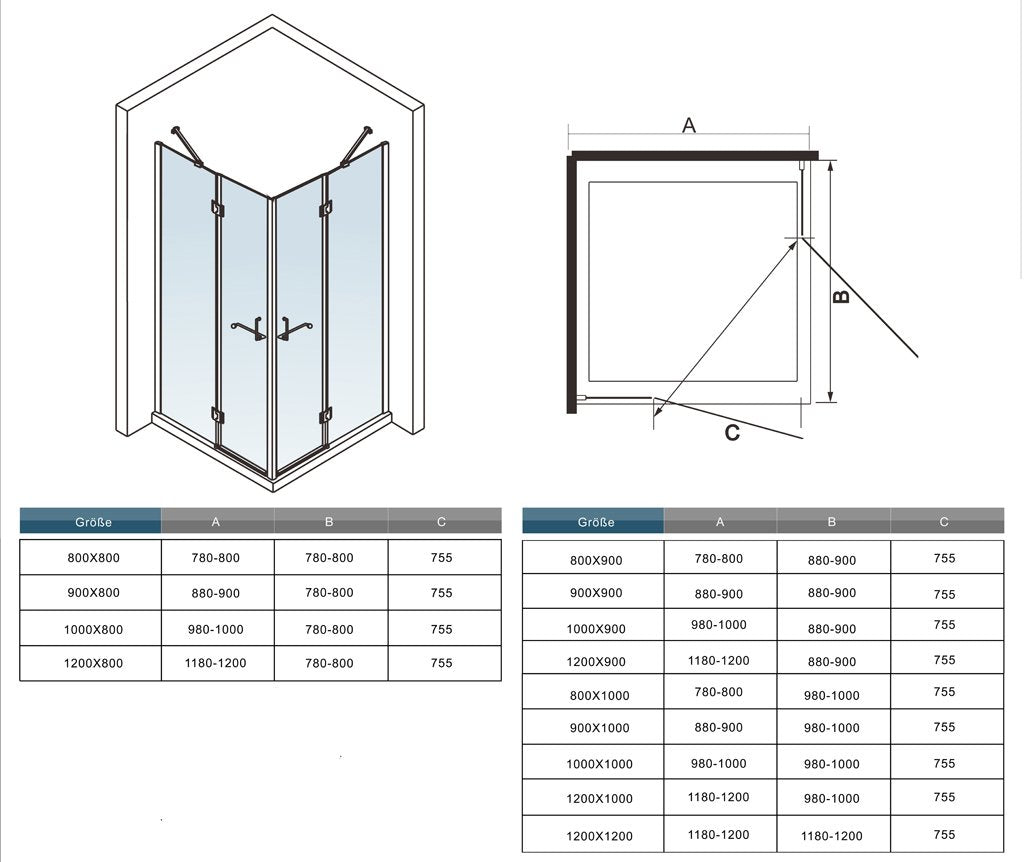 dubbele deur douchecabine,draaideur hoekinstap,8mm helder veiligheidsglas nano easyclean antikalk