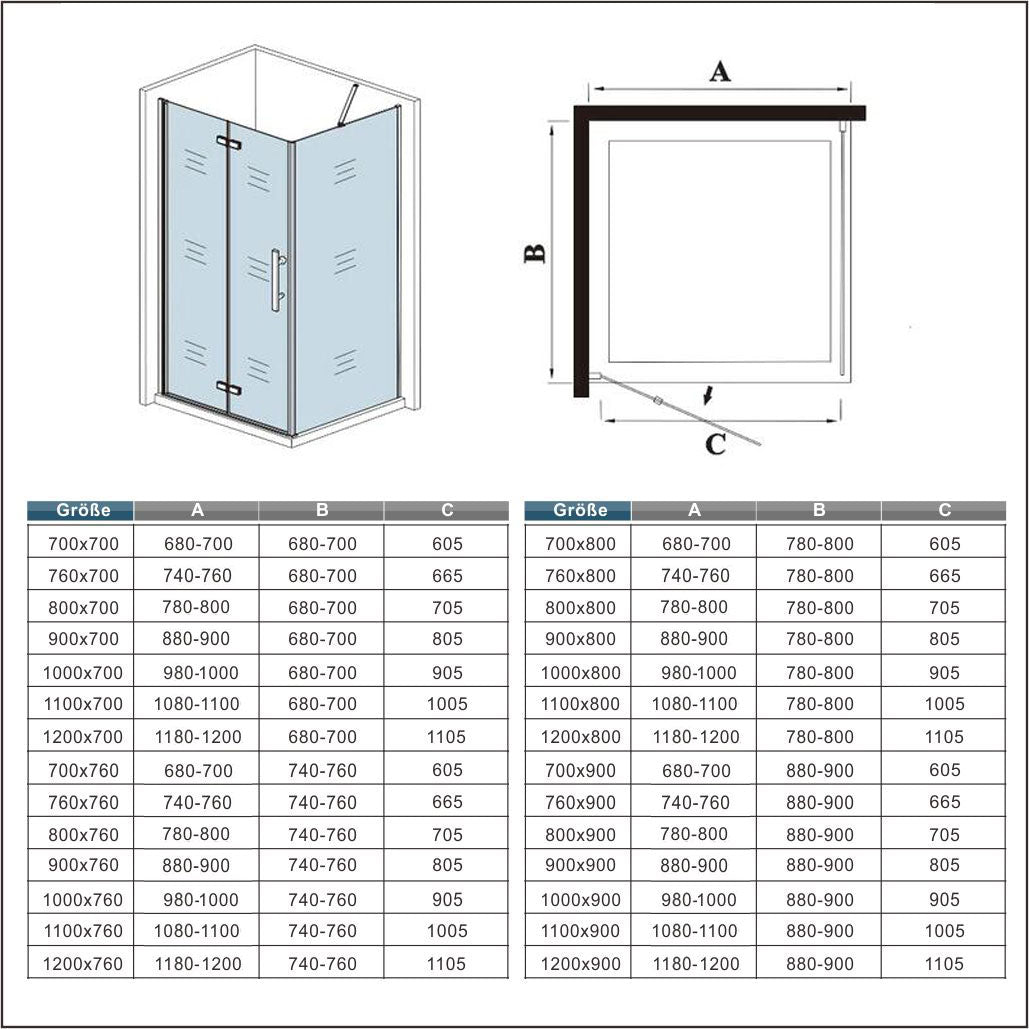 Douchecabine met vouwdeur en vaste zijwand 185 cm hoog ,6mm Nano Coating Chroom (verschillende maten),Omkeerbaar