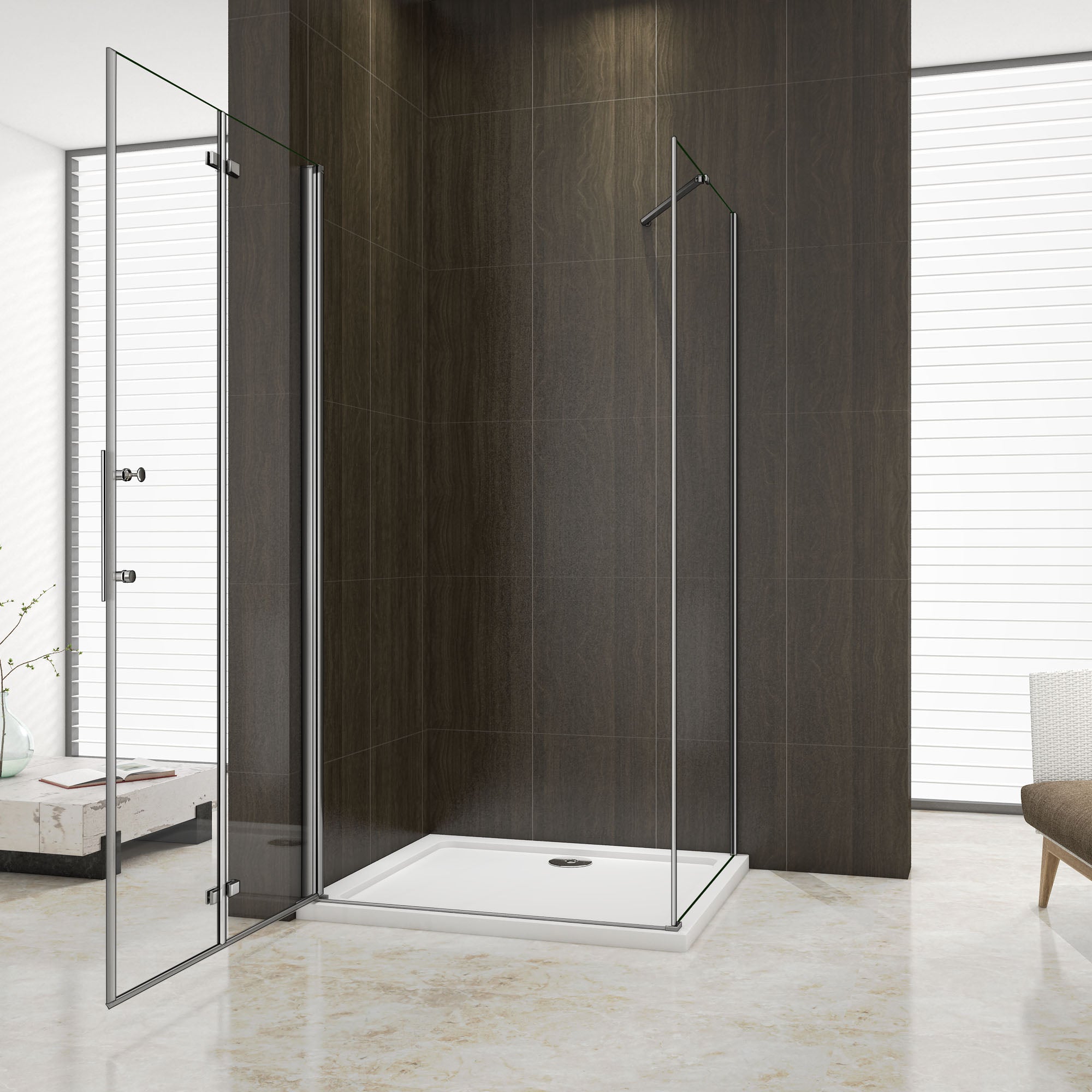 Douchecabine met vouwdeur en vaste zijwand ,195 cm hoog ,6mm Nano Coating Chroom (verschillende maten),Omkeerbaar