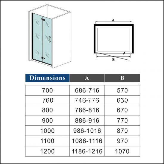 Douchedeur met vouedeur ,190cm hoog, 5mm nano coating helder veiligheidsglas