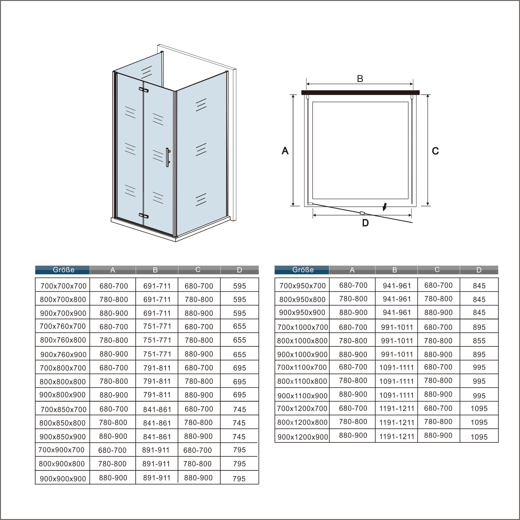 Douchecabine vouwdeur met Twee Zijwanden,Aluminium muurprofiel Helder Glas 6mm (verschillende maten)