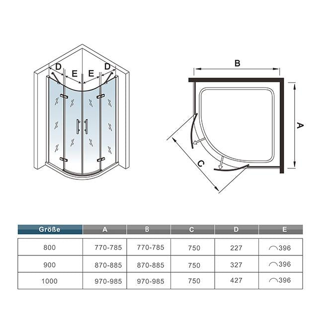 kwartronde douchecabine,dubbele draaideur,hoek-instap douchecabine,6mm helder veiligheidsglas,antikalk