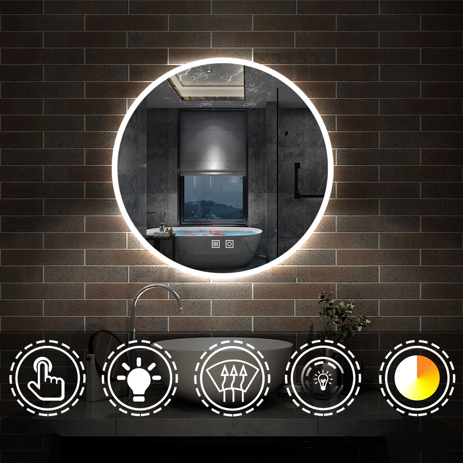 LED spiegel ROND 60cm/70cm/80cm 3 lichts kleur koud/Neutraal/warm wit dimbaar touch anti-condens badkamerspiegel decoratieve wandspiegel 2700K-6500K