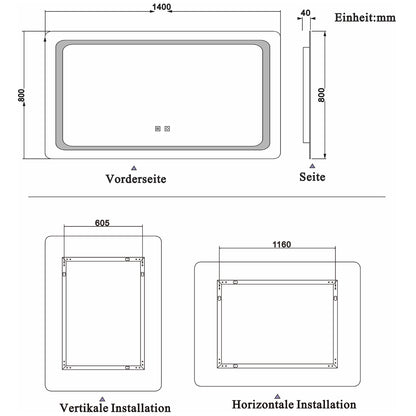 Badkamerspiegel 80-140 cm LED spiegel met verlichting,wandspiegel,dubbele touch schakelaar,anti-condens,koud wit 140x80 cm