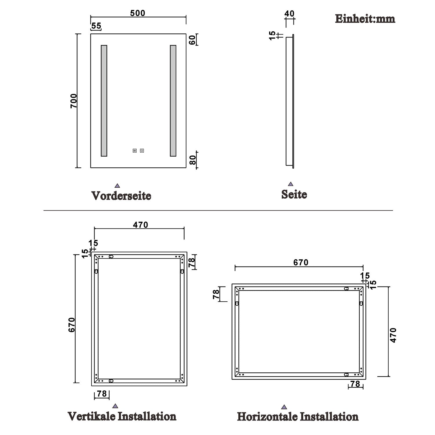 LED rechthoekige badkamerspiegel 45x60cm/50x70cm/60x80cm, 4mm wandspiegel, dubbele touch sensor schakelaar , anti-condens 50x70 cm