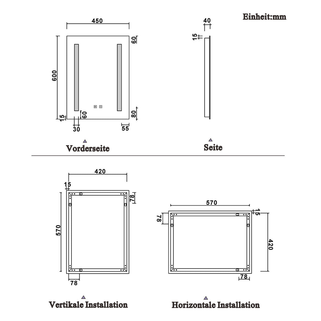 LED rechthoekige badkamerspiegel 45x60cm/50x70cm/60x80cm, 4mm wandspiegel, dubbele touch sensor schakelaar , anti-condens 45x60 cm