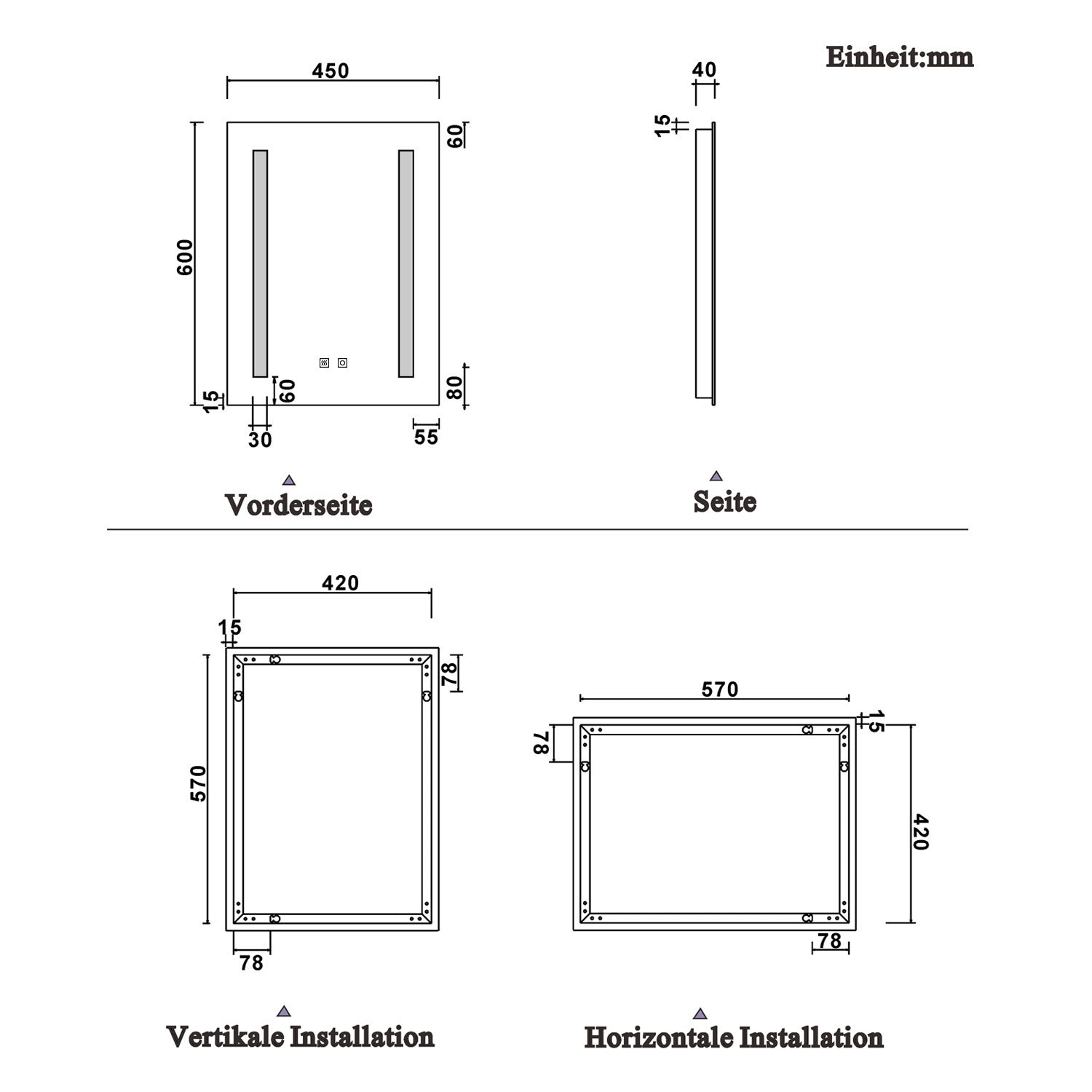 LED rechthoekige badkamerspiegel 45x60cm/50x70cm/60x80cm, 4mm wandspiegel, dubbele touch sensor schakelaar , anti-condens 45x60 cm