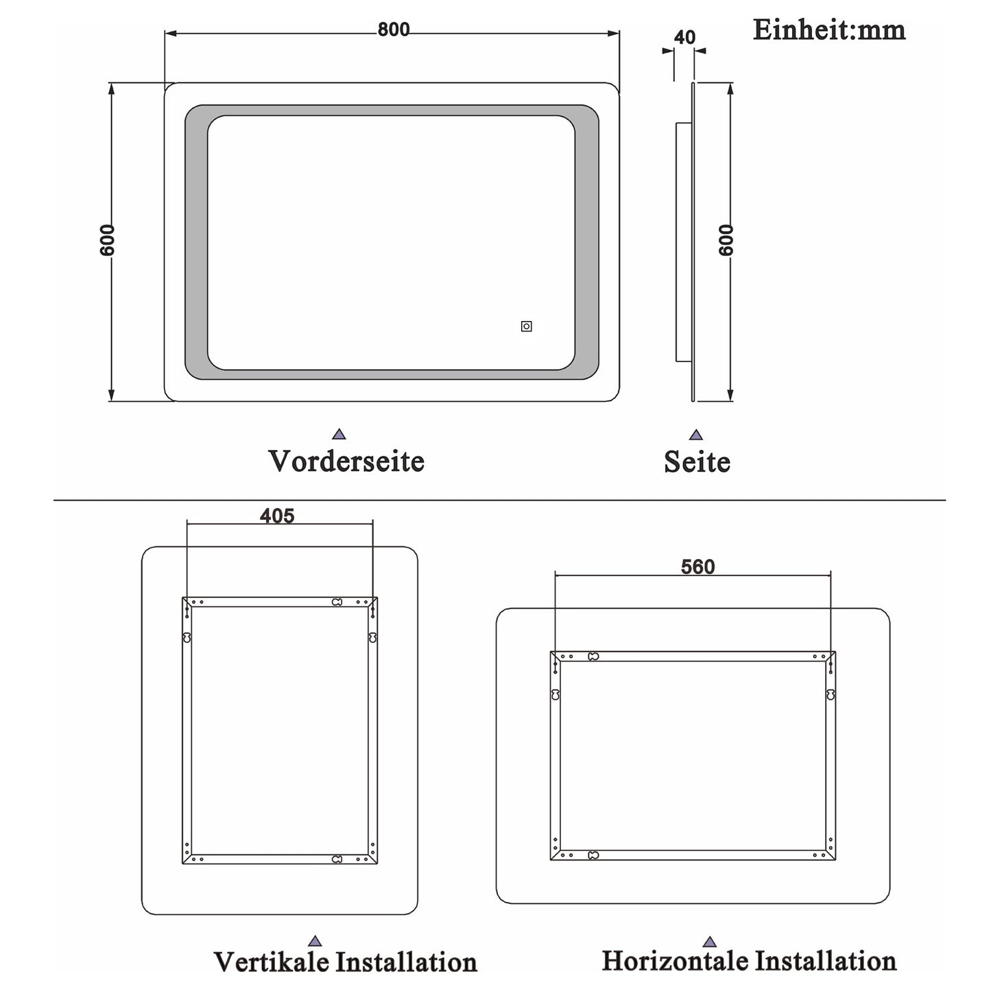 LED rondhoekige badkamerspiegel 70-100 cm,5mm wandspiegel,enkele touch sensor schakelaar,koud wit,anti-condens 80x60 cm