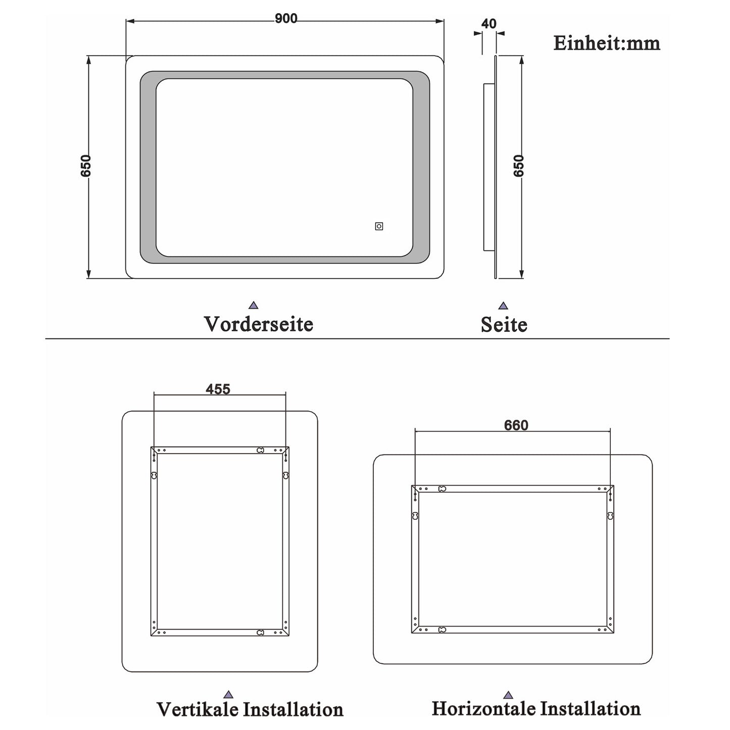 LED rondhoekige badkamerspiegel 70-100 cm,5mm wandspiegel,enkele touch sensor schakelaar,koud wit,anti-condens 90x65 cm